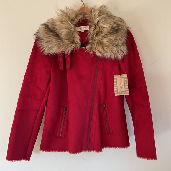 Tasha Polizzi Red Suede Moto Jacket Sz M Detachable Faux Fur Collar Asymmetrical - Picture 2 of 16